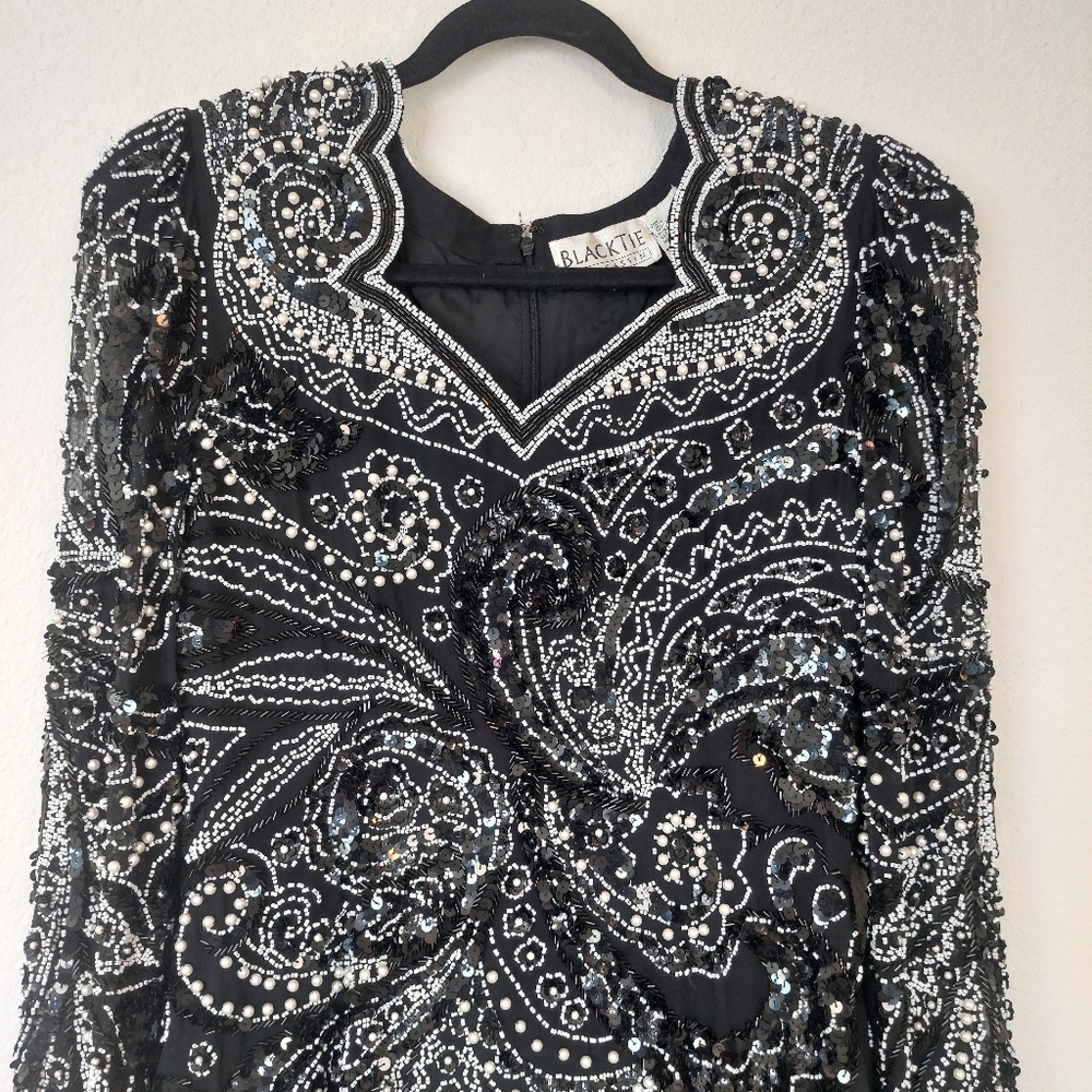 Black Tie Oleg Cassini Sequined Beaded black‎ Longsleeve Dress Size 10 - Picture 2 of 11